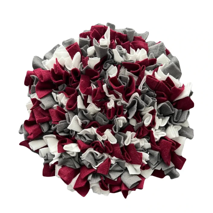 Round handmade snuffle mat in burgundy, grey and white fleece