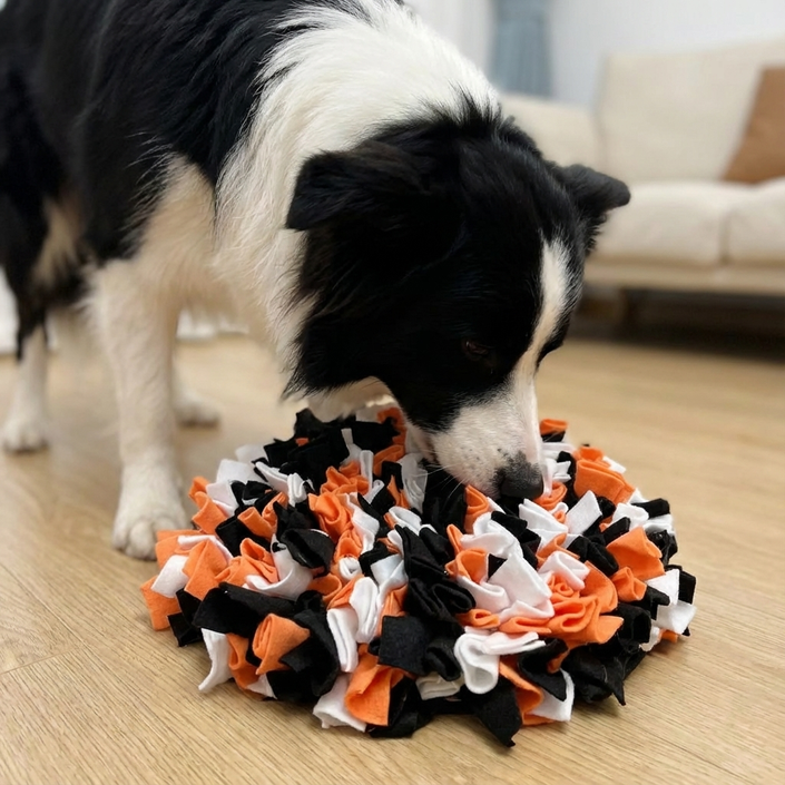 Border collie sniffing a black, white and orange snuffle mat