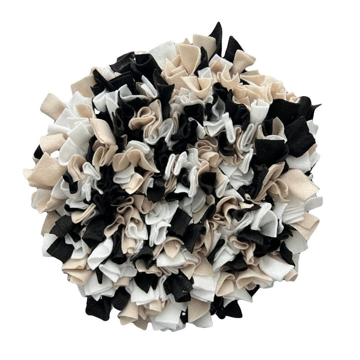 Round handmade snuffle mat in black, white and beige fleece