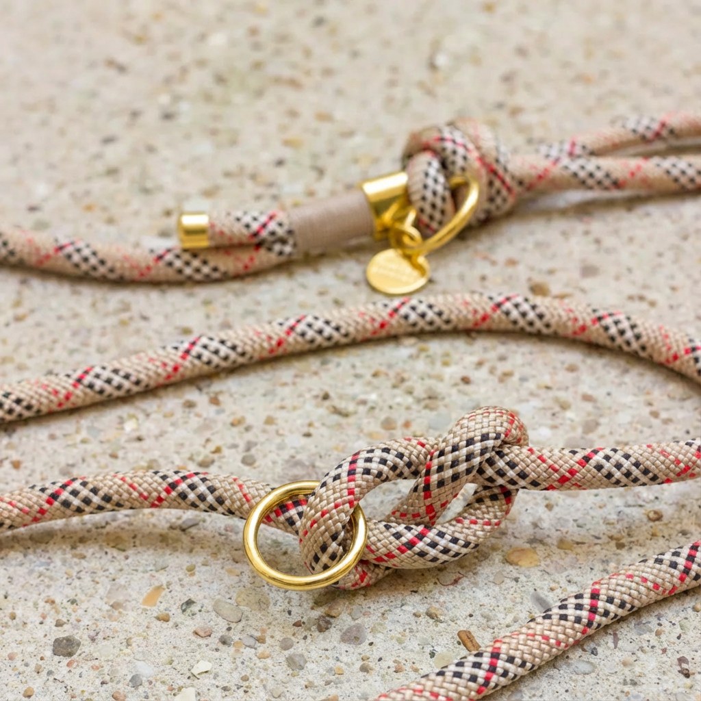 Beige and Red Plaid Pattern Rope Style Leash