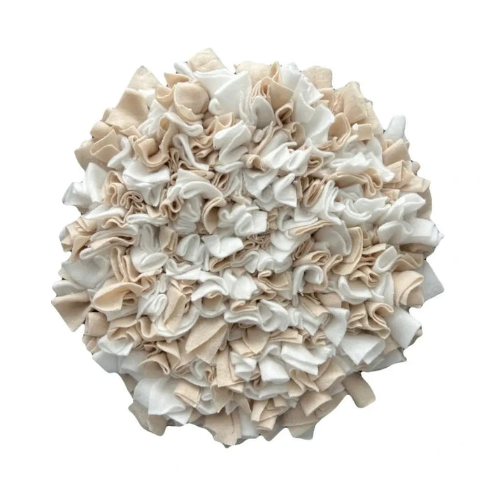 Round handmade snuffle mat in white and beige fleece