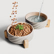 Ceramic Double Feeding Bowl with Bamboo Stand - Set of 2