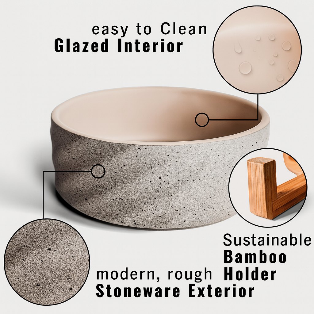 Ceramic Double Feeding Bowl with Bamboo Stand - Set of 2