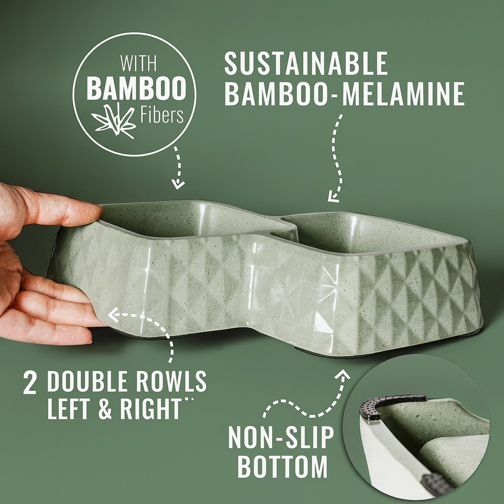 Bamboo Double Bowl For Dogs (& Cats) - Non-Slip