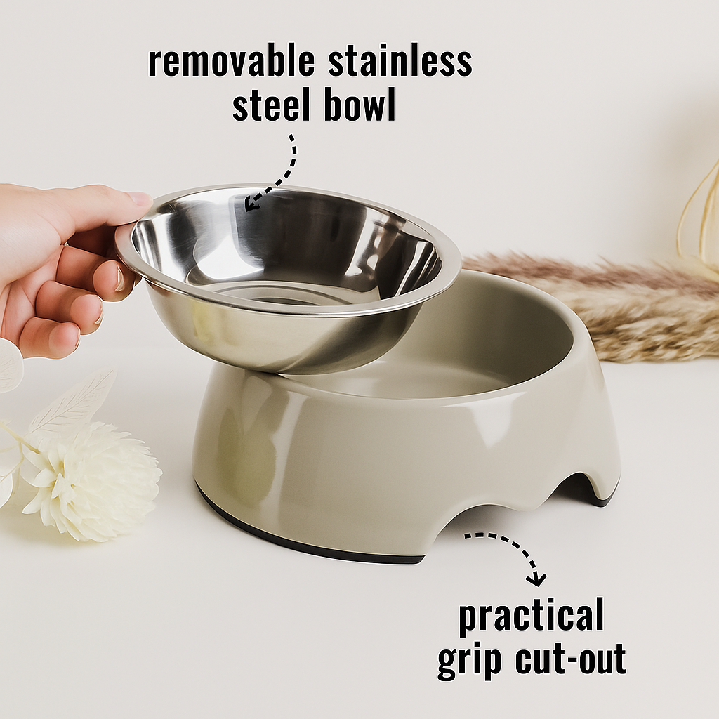 Feeding Bowl 2-PIECE Set – Melamine & Stainless Steel – Rustproof