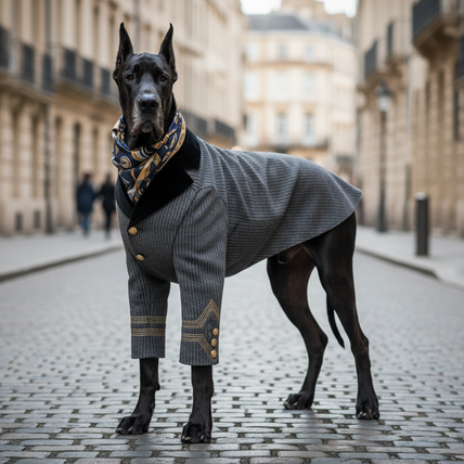 a black large dog in a stylish fashion coat