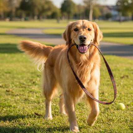 A Dog with a Leash in it's mouth