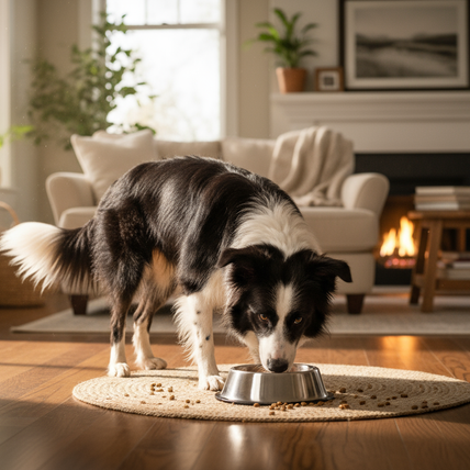 a sheepdog eating from a bowl