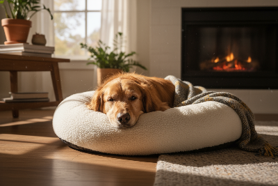 dog lying cosy in a bed