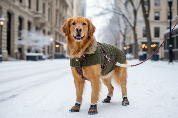 dog with a stylish leash and a winter coat 