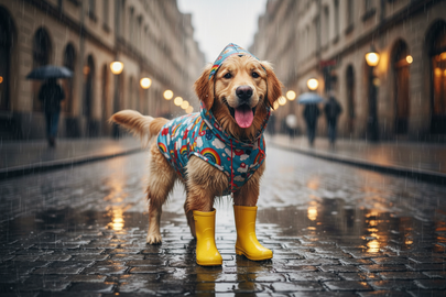 dog with raincoat and rain shoes in a rainy street