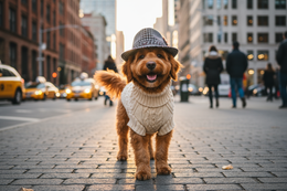 dog with sweater and a hat on the street