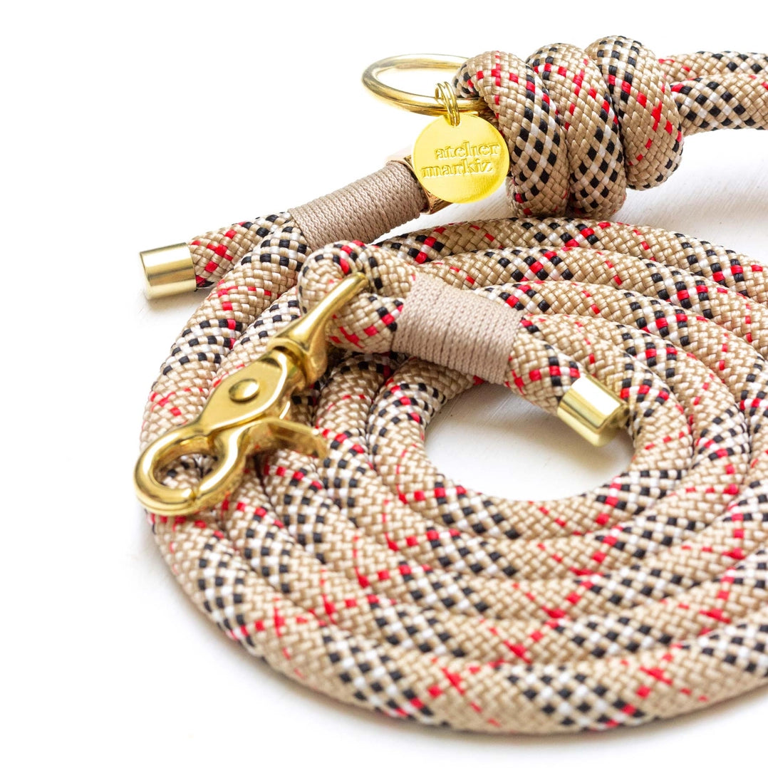 Beige and Red Plaid Pattern Rope Style Leash