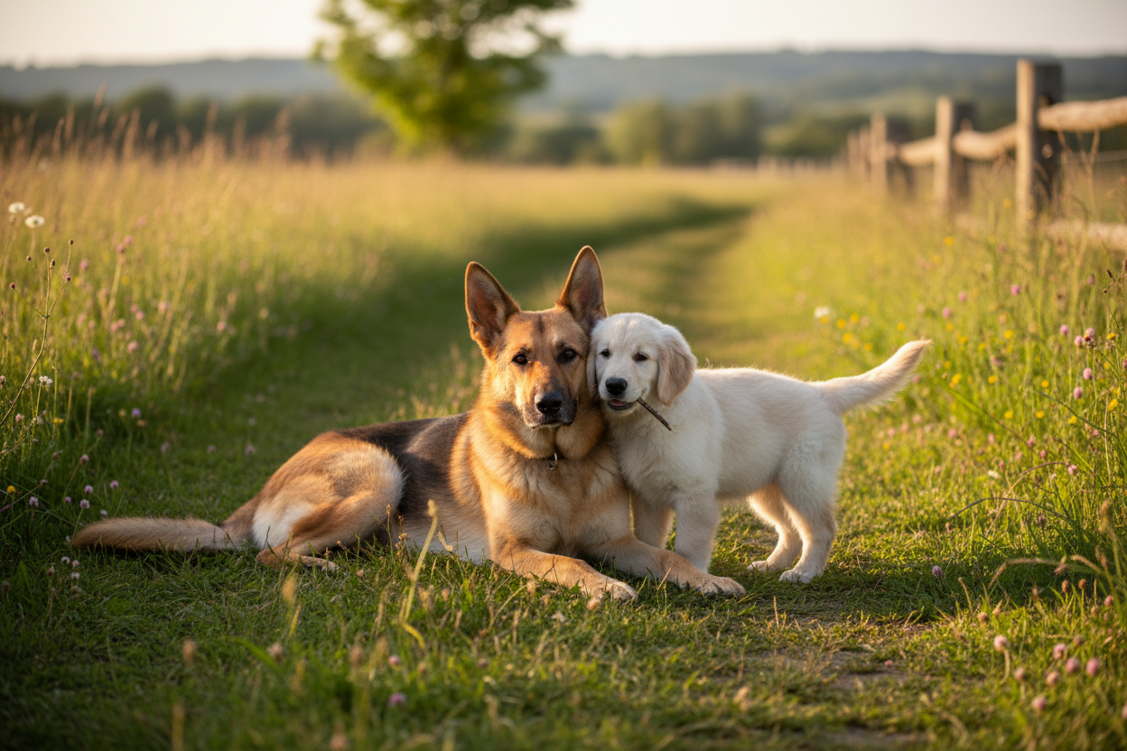 puppy and grown up dog together